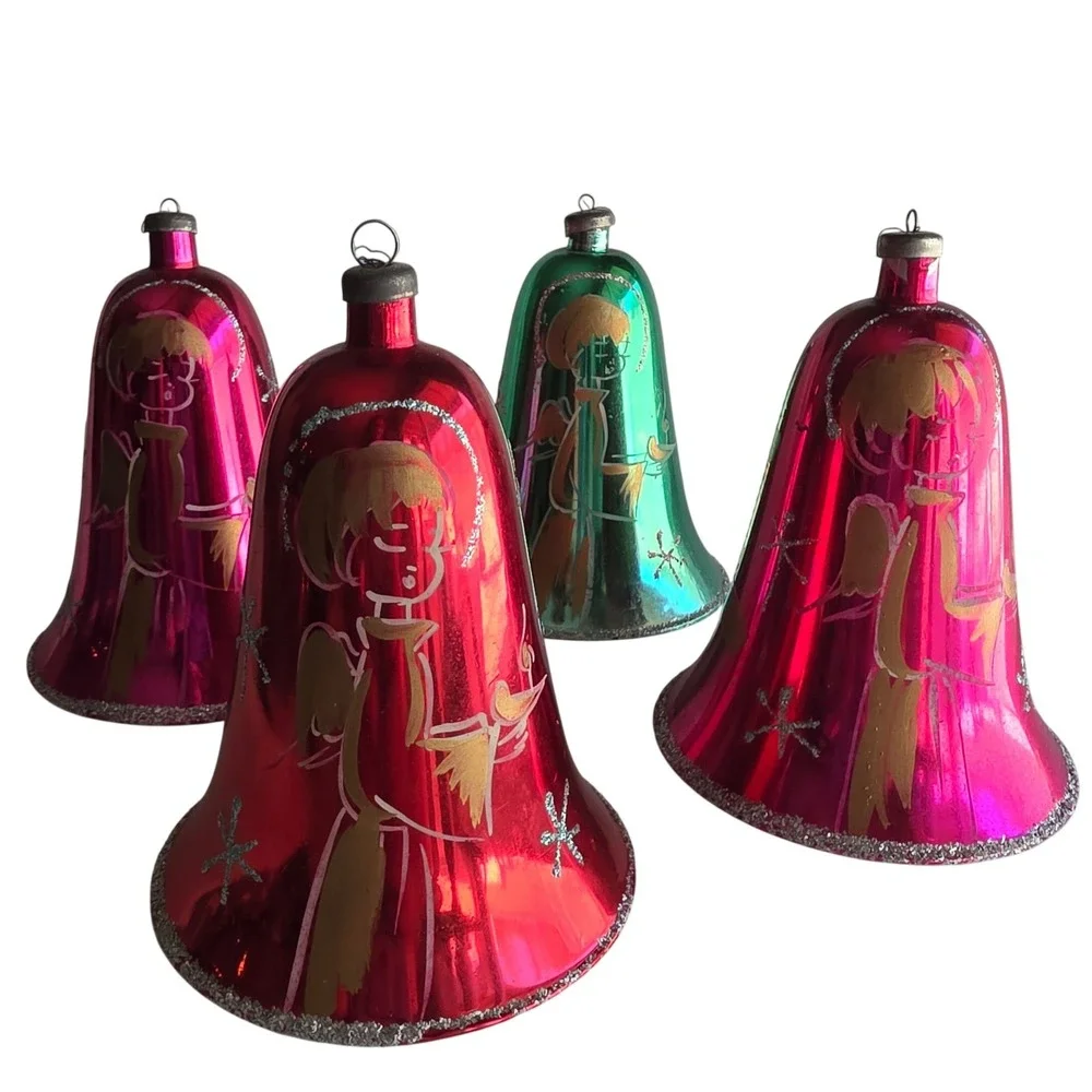Vintage Plastic MCM Christmas Large Bell Ornaments Set 4 Hand Painted Angel RARE